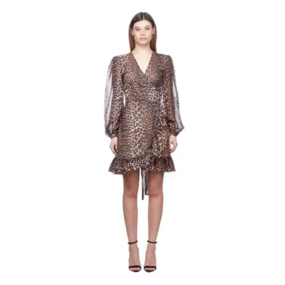 GANNI Tilden Leopard Animal Print Mini Mesh Sheer Long Sleeve Mini Dress XS 🐯